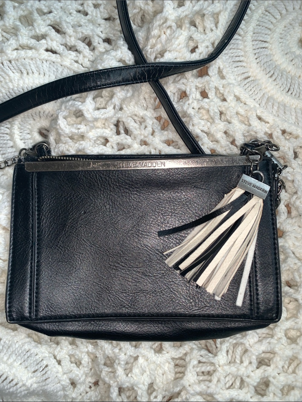 Steve Madden Black Leather Crossbody with Silver Accent (free bag scarf)